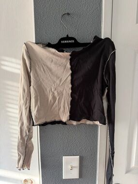Two-Tone Black and Cream Ribbed Long-Sleeve Top